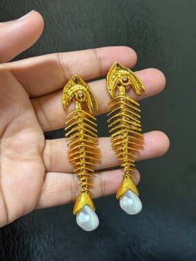 Schiaparelli Inspired Gold Fishbone Drop Earrings with Pearl Accent